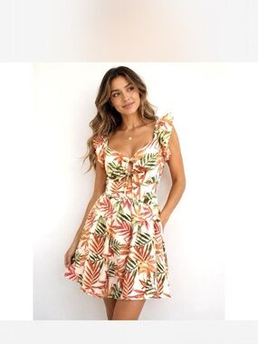 Flutter Strap Tropical Mini Dress in Orange & Green